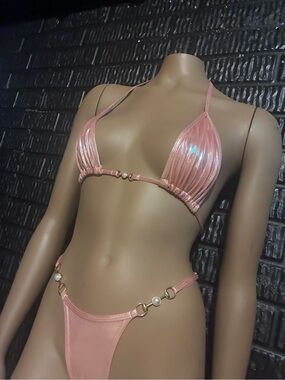 Shimmery Pink Triangle thong 
Bikini Set with Pearl Accents